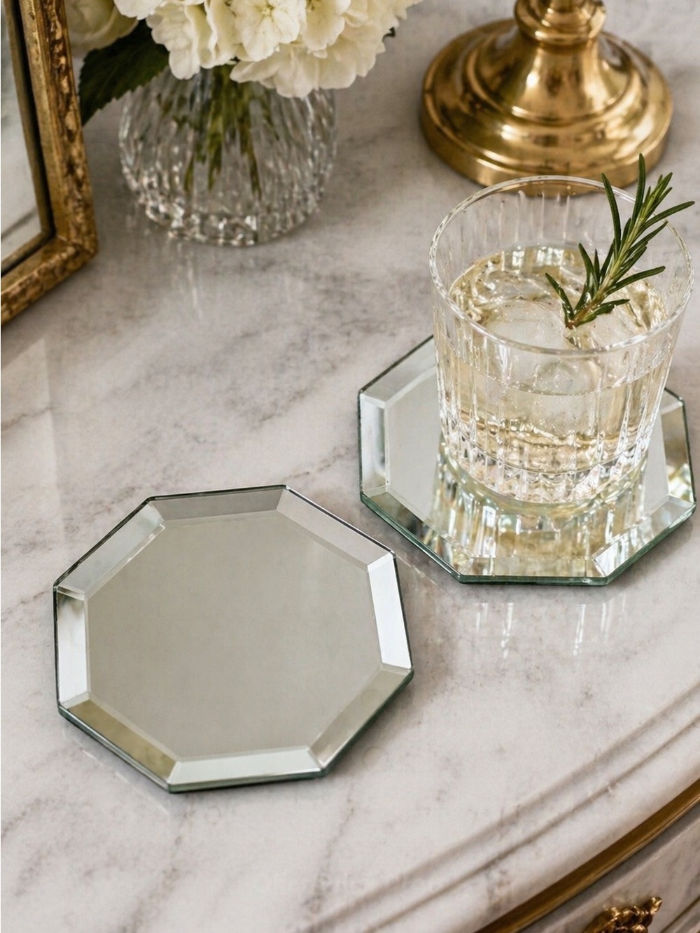 Vintage Beveled Mirror Coasters Set of 2 Octagon Art Deco Vanity Bar Cart Decor